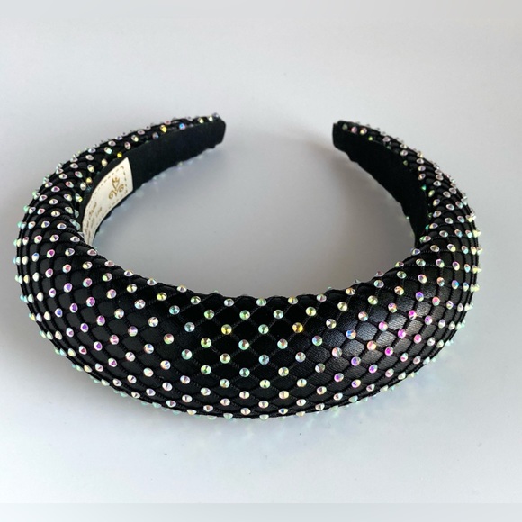 Black Padded 1.5” Headband with Rhinestone-Adorned Mesh Overlay Handmade - Picture 7 of 10